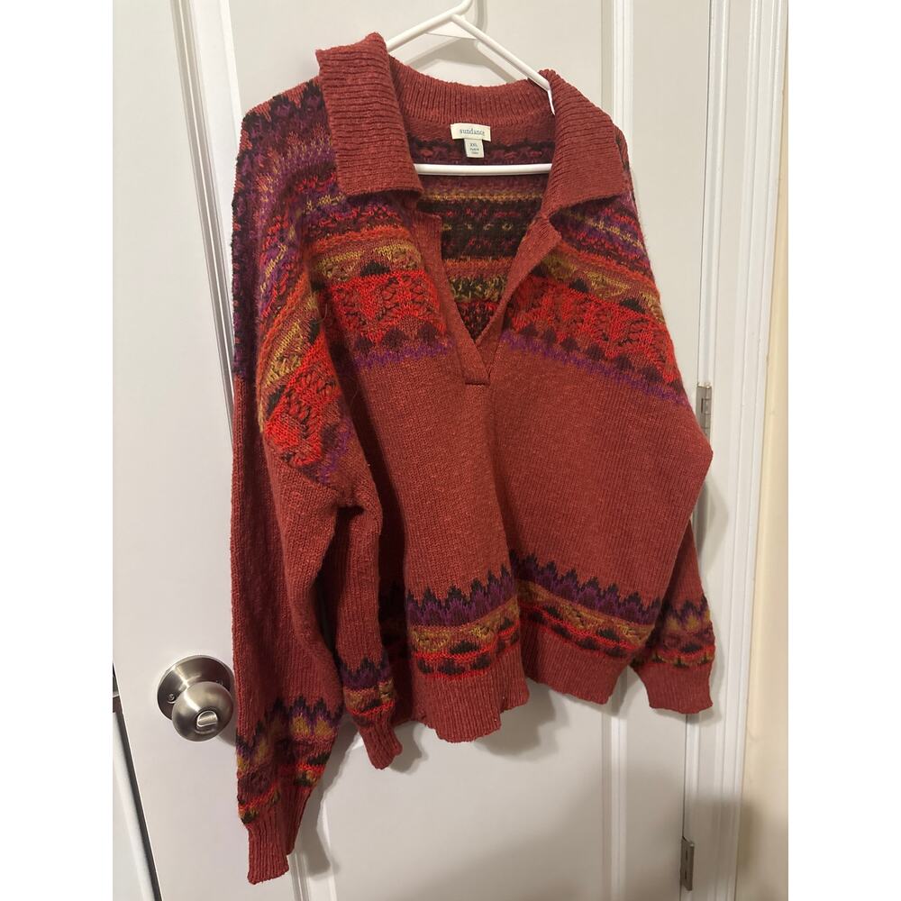 Sundance v neck sweater orange Aztec pattern xxl Colton wool guc shawl collar